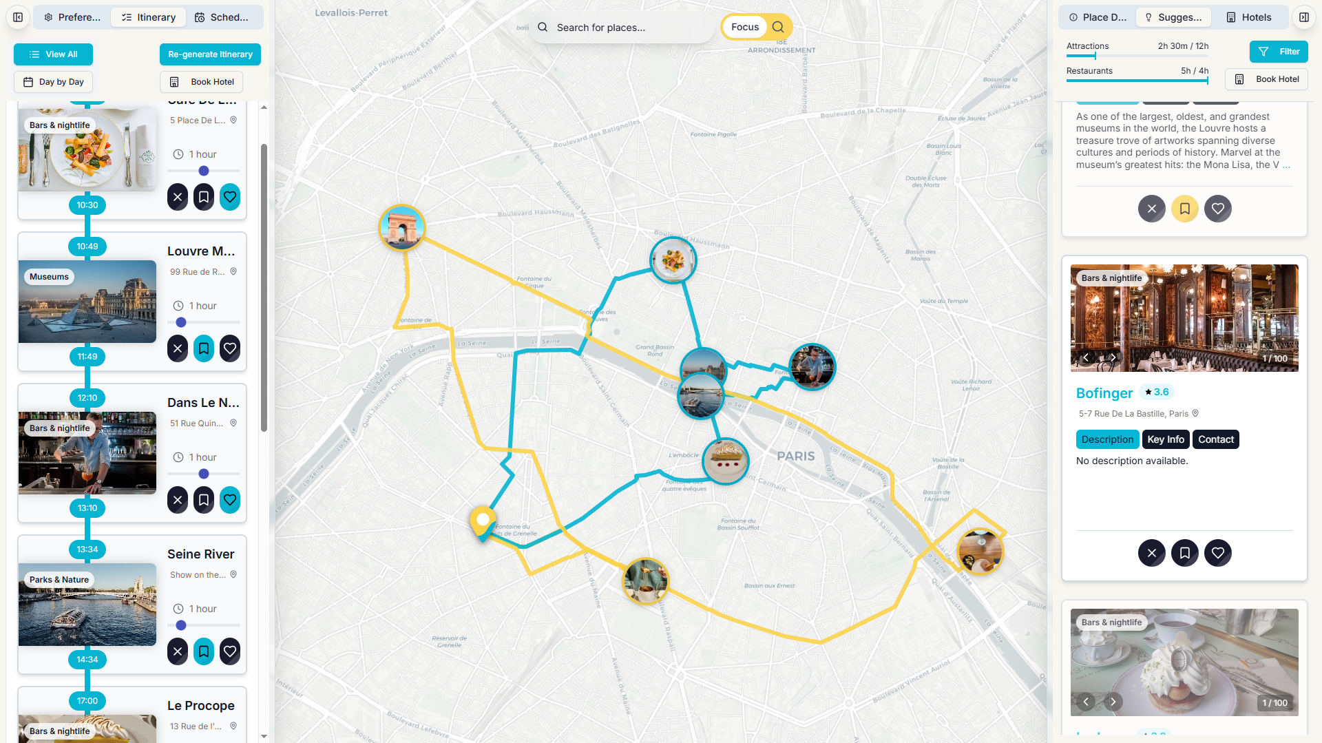 TripAligner App Interface - Interactive map showing optimized trip route with timeline view, hotel booking integration, and drag-and-drop itinerary planning interface